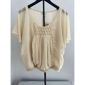 NWT's Coldwater Creek Cream Chiffon Smocked Blouse Short Sleeve Women Sz L Flowy